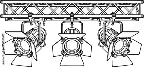 Three Professional Stage Fresnel Spotlights Hanging on Lighting Truss - Detailed Black and White Line Art Vector Illustration of Theater PAR Can Lights with Barn Doors for Concert, Event, and Entertai