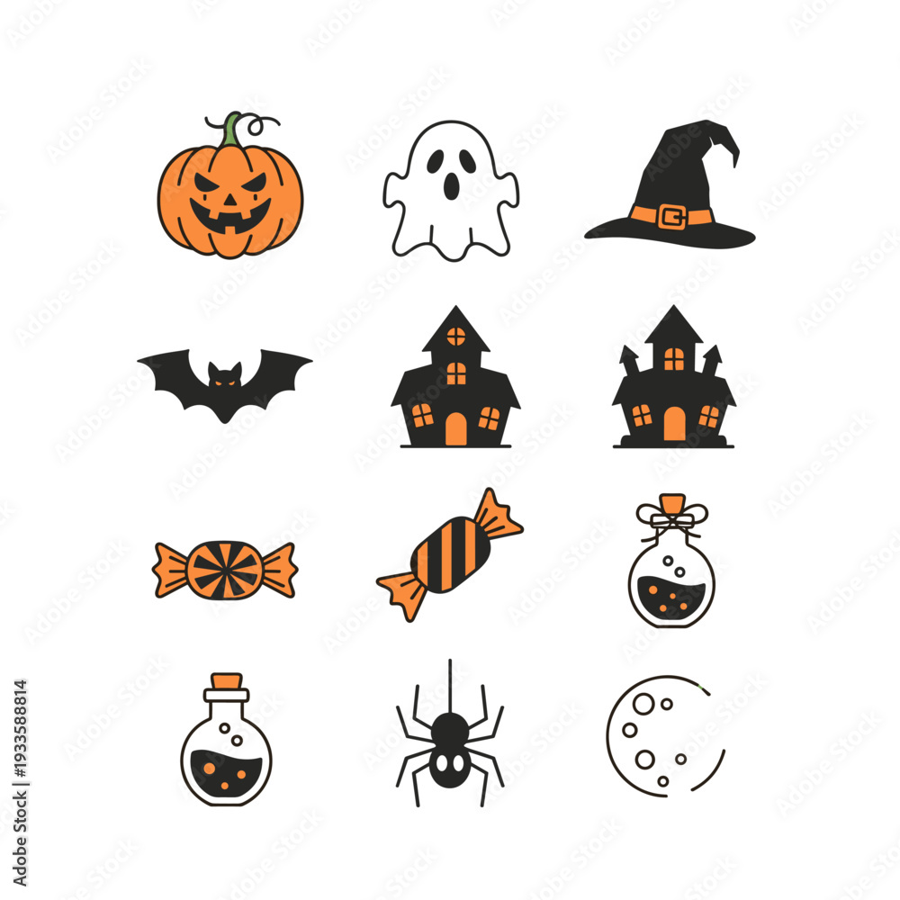 Obraz premium Halloween Icons Collection Spooky Digital Assets Pumpkin Ghost Witch Bat Haunted House Candy Spider Moon
