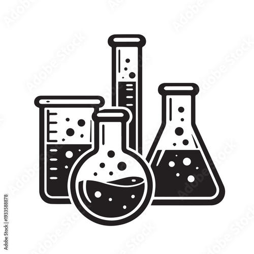 A simple vector set featuring a beaker glass, volumetric flask, Erlenmeyer flask, and test tube in clean minimalist style.