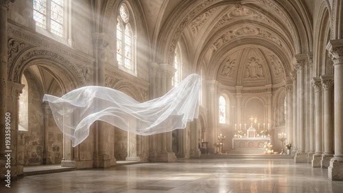 神秘的な光と白いベールが揺れるスピリチュアル背景動画