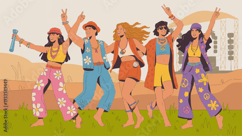 Happy group of five young adults dancing and having fun at outdoor festival with colorful clothing and accessories