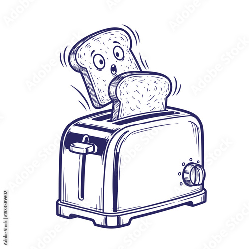 A cartoon toaster with a slice of bread popping up in a comical expression  kitchen appliance