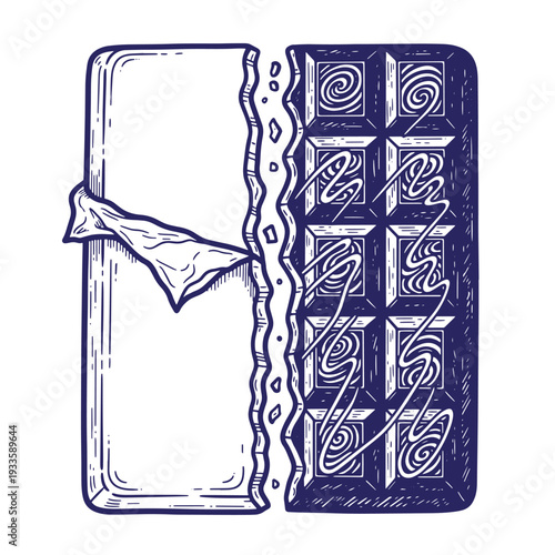 A dark chocolate bar with a piece peeled off to reveal the smooth chocolate underneath isolated on white background