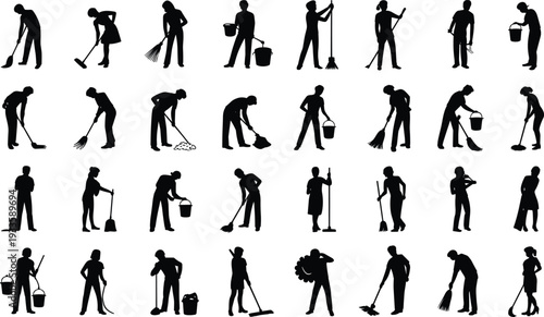 Janitor and cleaning worker silhouette set, housekeeping staff sweeping mopping and carrying buckets isolated on white background vector illustration