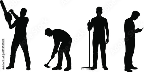 Manual labor worker silhouettes set, man cutting with chainsaw digging with axe holding rake and using smartphone isolated on white background vector illustration