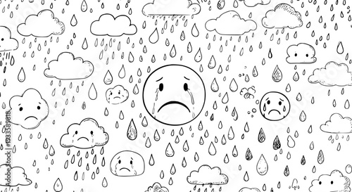 Hand drawn doodle pattern: sad crying emojis, sorrowful clouds, and raindrops illustrating depression, melancholy, and emotional distress on a white background.