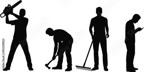 Outdoor manual worker silhouettes set, man cutting with chainsaw digging with axe holding rake and checking smartphone isolated on white background vector illustration