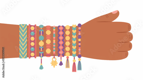 Colorful beaded bracelets on a brown arm fashion accessory illustration bohemian style jewelry multicolored beads and tassels