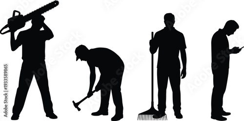 Manual laborer silhouettes collection, worker cutting with chainsaw digging with pickaxe holding rake and using smartphone isolated on white background vector illustration