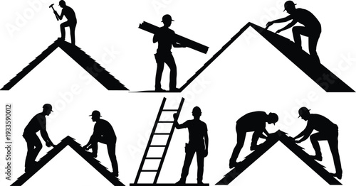 Roofer construction silhouette set, workers installing and repairing house roof with ladder hammer shingles isolated on white background vector illustration