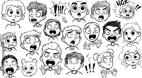 Hand-drawn doodle collection of cartoon kids' faces showing diverse emotions: surprise, fear, shock, anger, and awe. Black and white comic-style children's expressions.