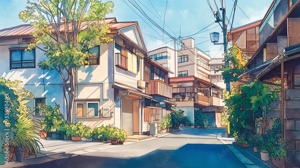 Obraz premium 静かな住宅街の細い路地を描いた水彩風景イラスト、建物が連なる通りと植物のある玄関先、昭和レトロ、懐かしい日常、散策風景を表現、動画背景や広告ビジュアルに使える高品質デザイン