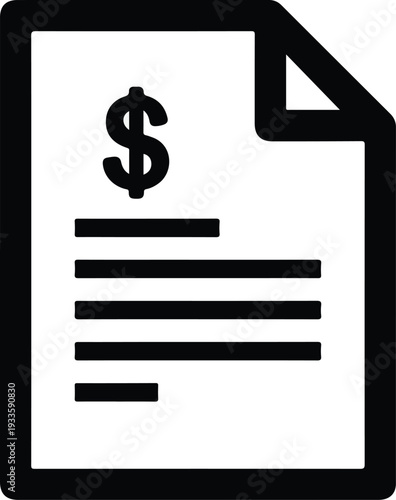 Simple black and white icon representing a document with a dollar sign, symbolizing financial statements or billing