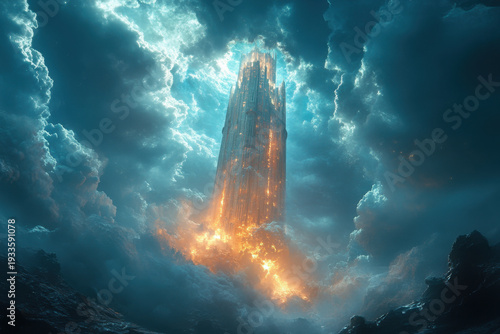 Spire of a tower piercing the sky.