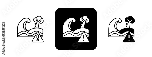 Tsunami Warning  Solid color and black line drawing vector illustration set