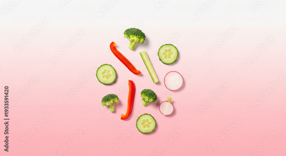 Naklejka premium Cut Mixed Fresh Vegetables Minimal Composition on soft pastel pink gradient