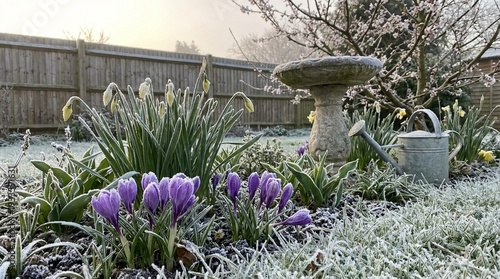 Frosty spring garden with purple crocus and snowdrops, quiet backyard morning mood with soft light, seasonal gardening and Easter renewal theme