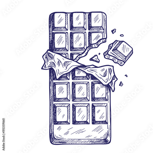 Hand drawn chocolate bar with a piece broken off and a crumpled wrapper on a clean surface  delicious treat