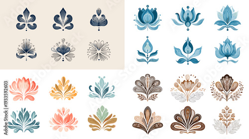 Elegant lotus and damask ornament collection with vintage floral motifs in pastel colors isolated on light background for luxury decorative design