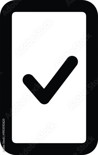 Simple black and white checkmark icon within a rectangular outline, representing completion and success