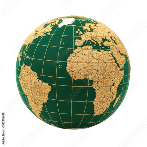 A green and gold globe with a white background isolated on transparent background