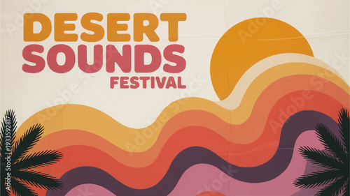 Vibrant desert music festival poster with colorful sunset and palm trees evoking a lively summer event atmosphere