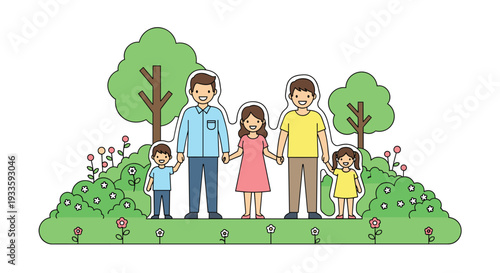 A cheerful cartoon family of five, consisting of two adult men, two girls, and one boy, stands holding hands in a vibrant green park with trees and flowers.