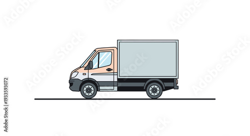A modern, compact delivery van, or box truck, is depicted in a cartoon illustration, shown in profile against a plain white background.