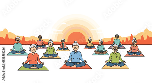 A large group of diverse elderly individuals are seated in a lotus meditation pose on individual yoga mats, positioned outdoors with a stylized sunset or sunrise behind a distant landscape.
