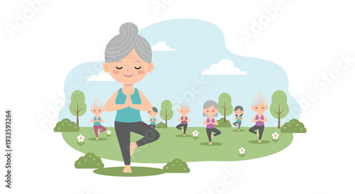 A group of elderly women with grey hair are performing various yoga poses in a lush green park setting under a blue sky with white clouds.