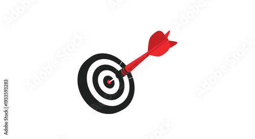 A vibrant red dart with black fletching is firmly stuck in the exact center of a black and white bullseye target against a clean white background.