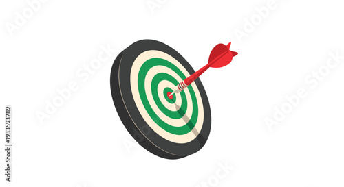 A sharp red dart with white fletching is accurately lodged in the bullseye of a green and white target, casting a slight shadow on a clean white background.