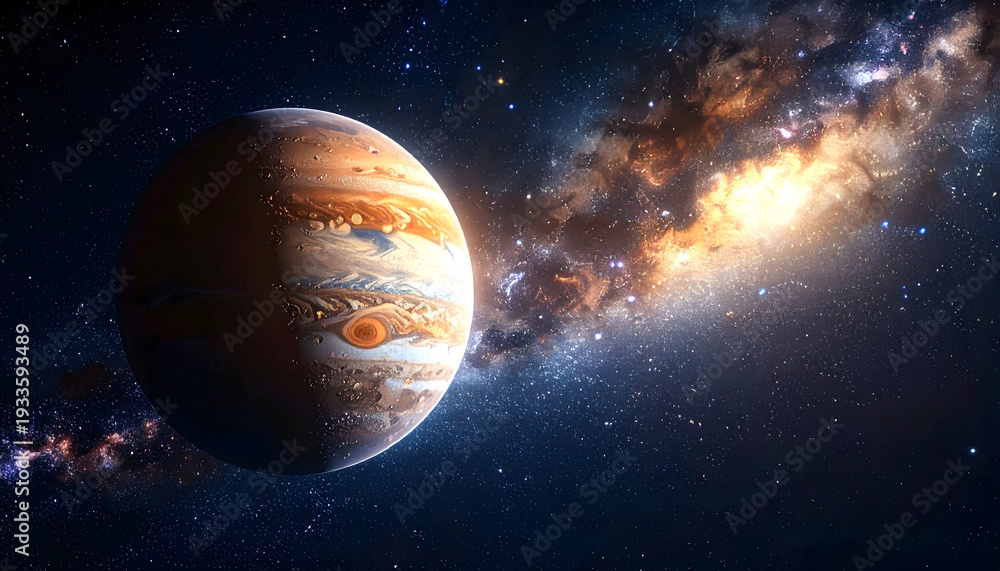 Naklejka premium A breathtaking view of the blue Earth globe and moon orbiting the sun across a dark starry galaxy and vast cosmos atmosphere