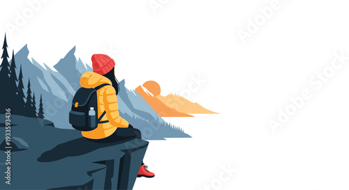A female hiker wearing a red beanie and a yellow jacket sits on a dark cliff edge, gazing at stylized mountains and a distant setting sun.