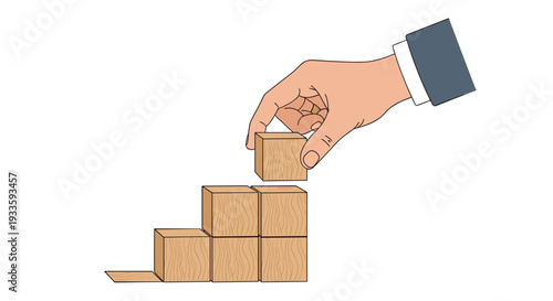 A human hand in a blue suit sleeve carefully places a single light brown wooden cube onto a growing stack of five other wooden cubes.