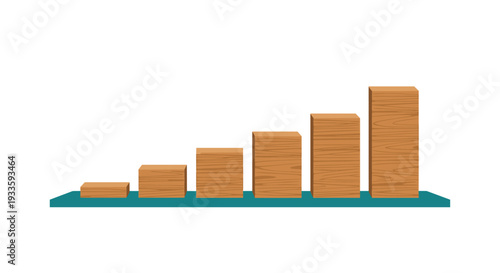 Six light brown wooden rectangular blocks of increasing height are neatly arranged in a bar chart formation on a flat teal base.
