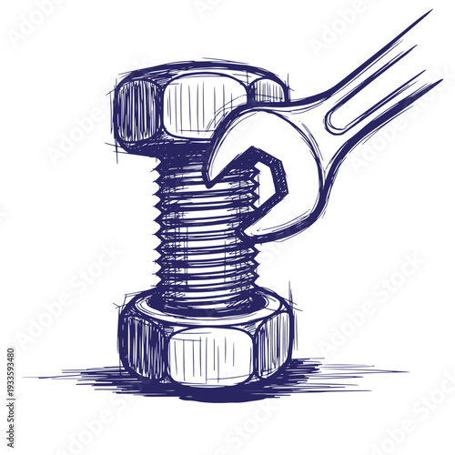 Sketch of a wrench tightening a bolt and nut with detailed shading on white