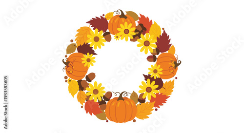 A vibrant circular wreath, intricately composed of numerous orange pumpkins, bright yellow sunflowers, colorful autumn leaves, and scattered brown acorns, rests on a pristine white background.