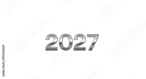 The year 2027 is presented as prominent, shiny silver metallic 3D text, exhibiting a smooth, reflective surface and casting a subtle shadow on a clean white background.