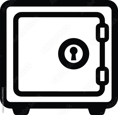 A simple, bold black and white line art illustration of a secure vault or safe with a keyhole on its door, representing security and protection