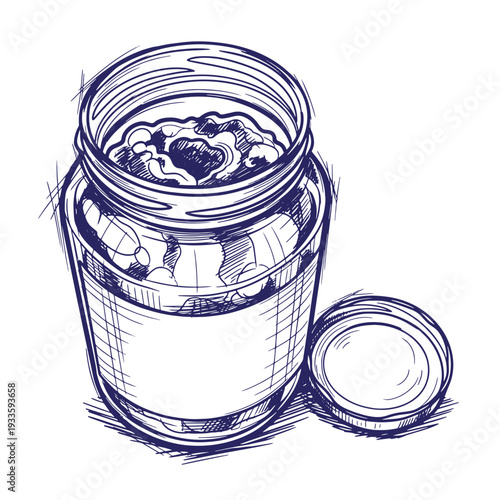 Sketch of an open jam jar with a heart shaped cookie inside on a white background