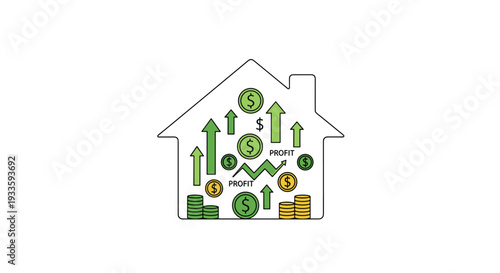 An outlined house shape is filled with green dollar signs, stacks of coins, and upward-pointing green profit arrows on a clean white background.