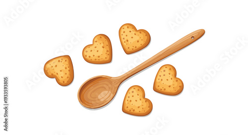 Five light brown heart-shaped cookies with speckles are scattered around a wooden spoon on a plain white background.