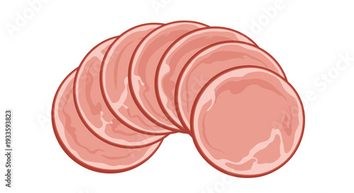 Multiple reddish-pink circular slices of deli meat with subtle marbling are fanned out in a curved arrangement on a white background.