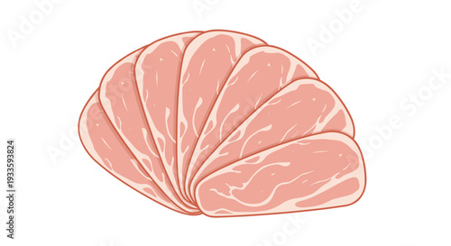 Several light pink slices of deli meat with subtle marbling are fanned out in a semi-circular arrangement on a clean white background.