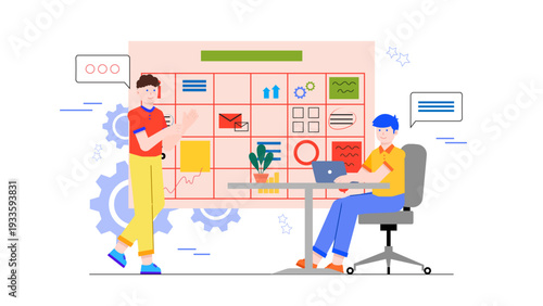 Two colleagues discussing tasks in front of a large weekly sprint calendar board