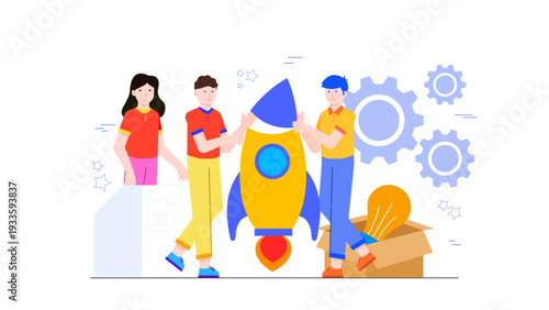 Team of young professionals assembling a rocket ship to symbolize launching a beta product to early users