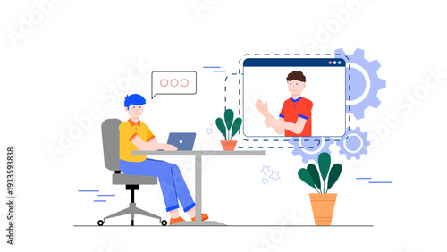 A man working on his laptop while participating in a virtual coworking meeting on screen