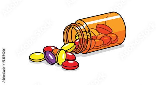 An amber-colored plastic pill bottle lies horizontally with its cap open, spilling multi-colored, oval-shaped pills onto a white surface.