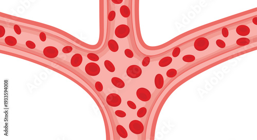 A three-way branching network of pinkish-red blood vessels, filled with numerous red blood cells, illustrates a complex circulatory junction.